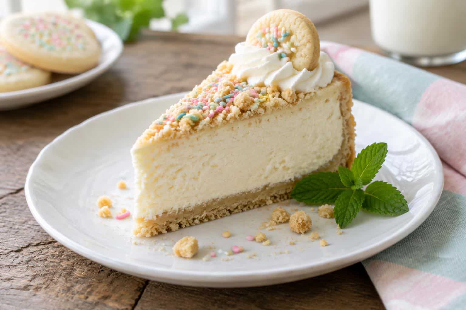 Slice of sugar cookie cheesecake on plate with crumbs and mint garnish