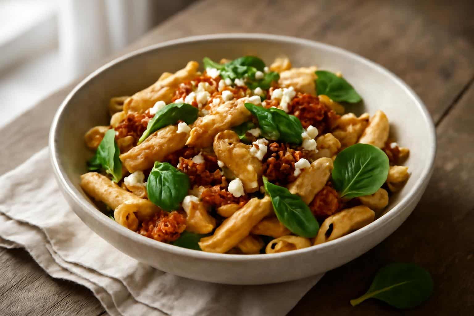 Sun-dried tomato chicken pasta with feta and spinach served in a rustic bowl