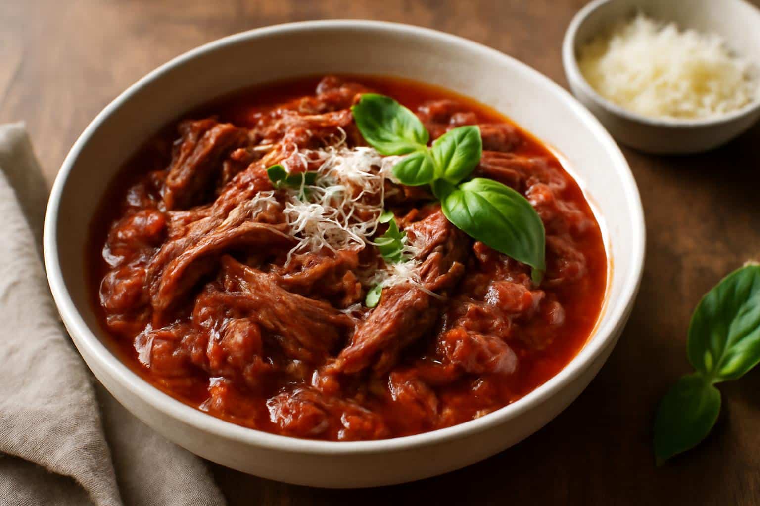 Slow cooker beef ragu served in a bowl garnished with basil and Parmesan cheese