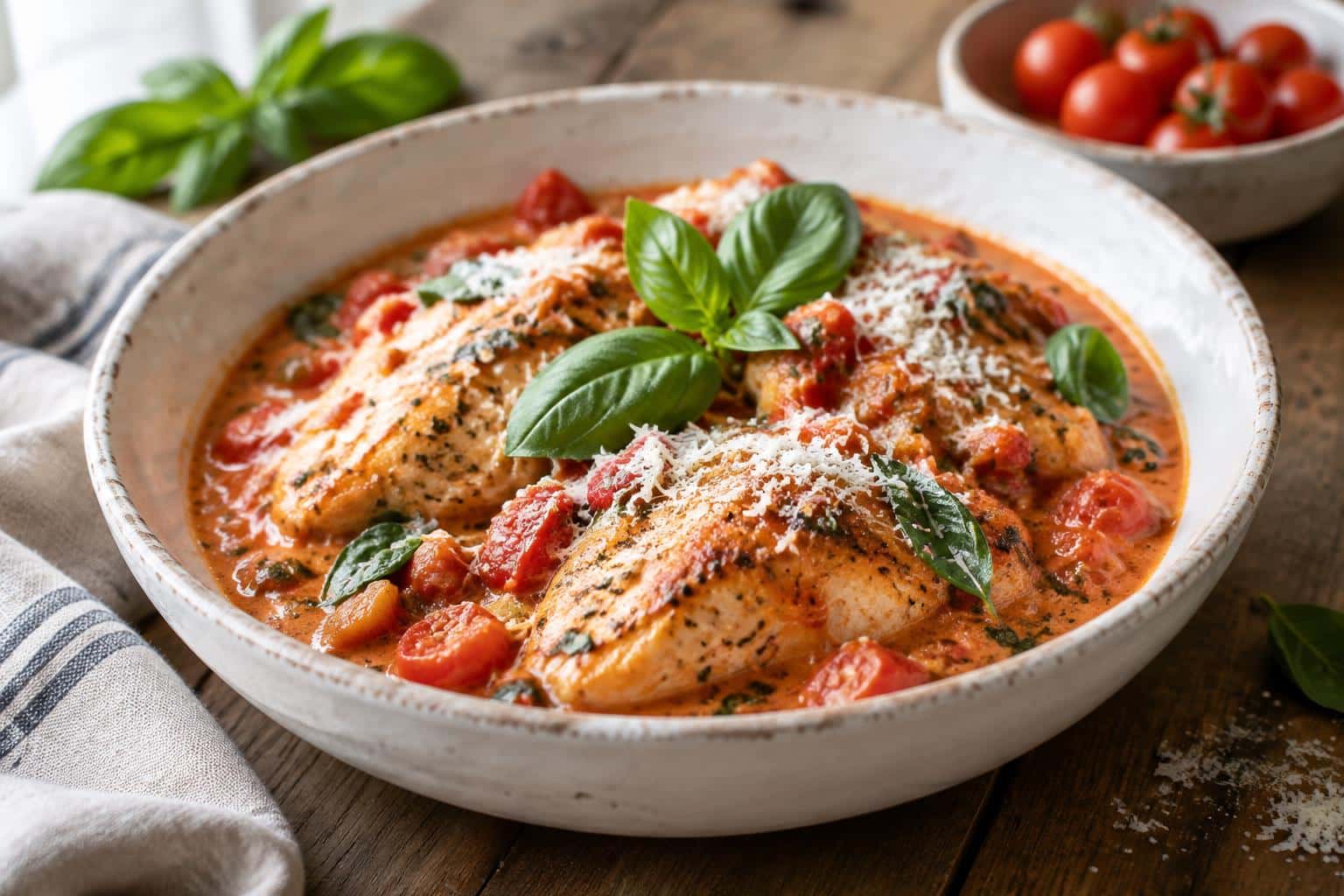 Creamy tomato chicken in white bowl garnished with basil and Parmesan cheese
