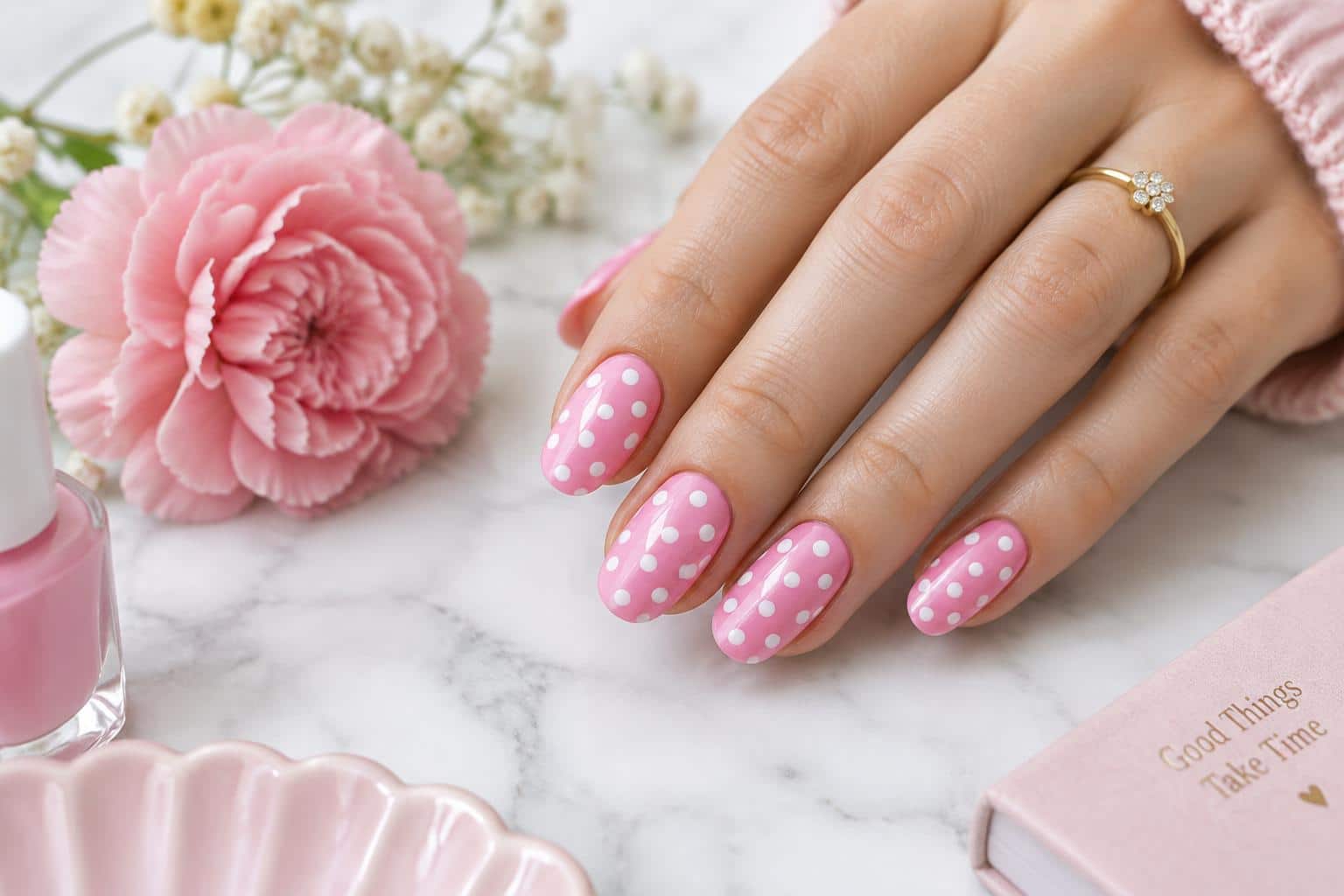 Close-up of pink polka dot nails with a glossy finish and cute Y2K nail inspo