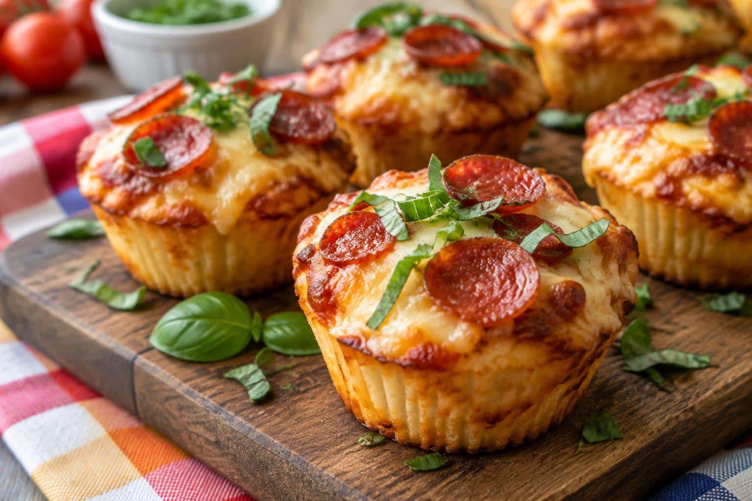 Freshly baked pizza cupcakes with melted cheese and pepperoni garnished with basil