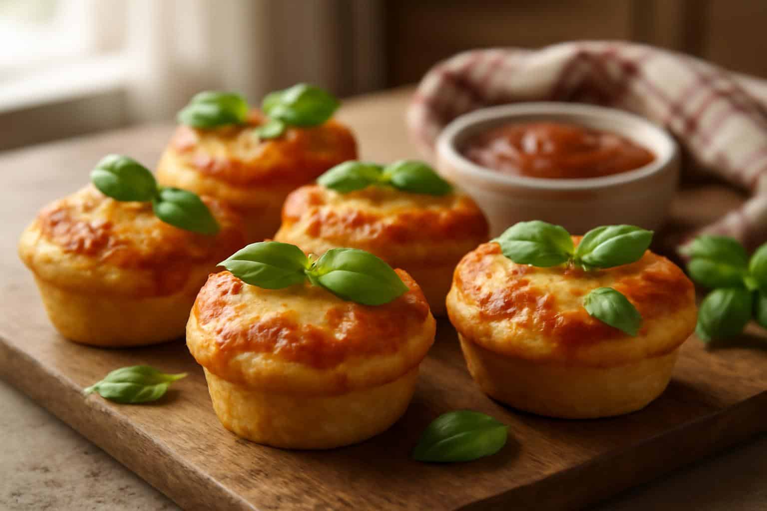 Golden baked pizza cupcakes topped with melted cheese and fresh basil leaves on wooden board