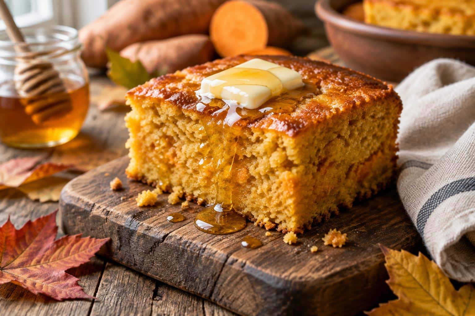 Sweet potato cornbread slice drizzled with honey and melting butter on a rustic board