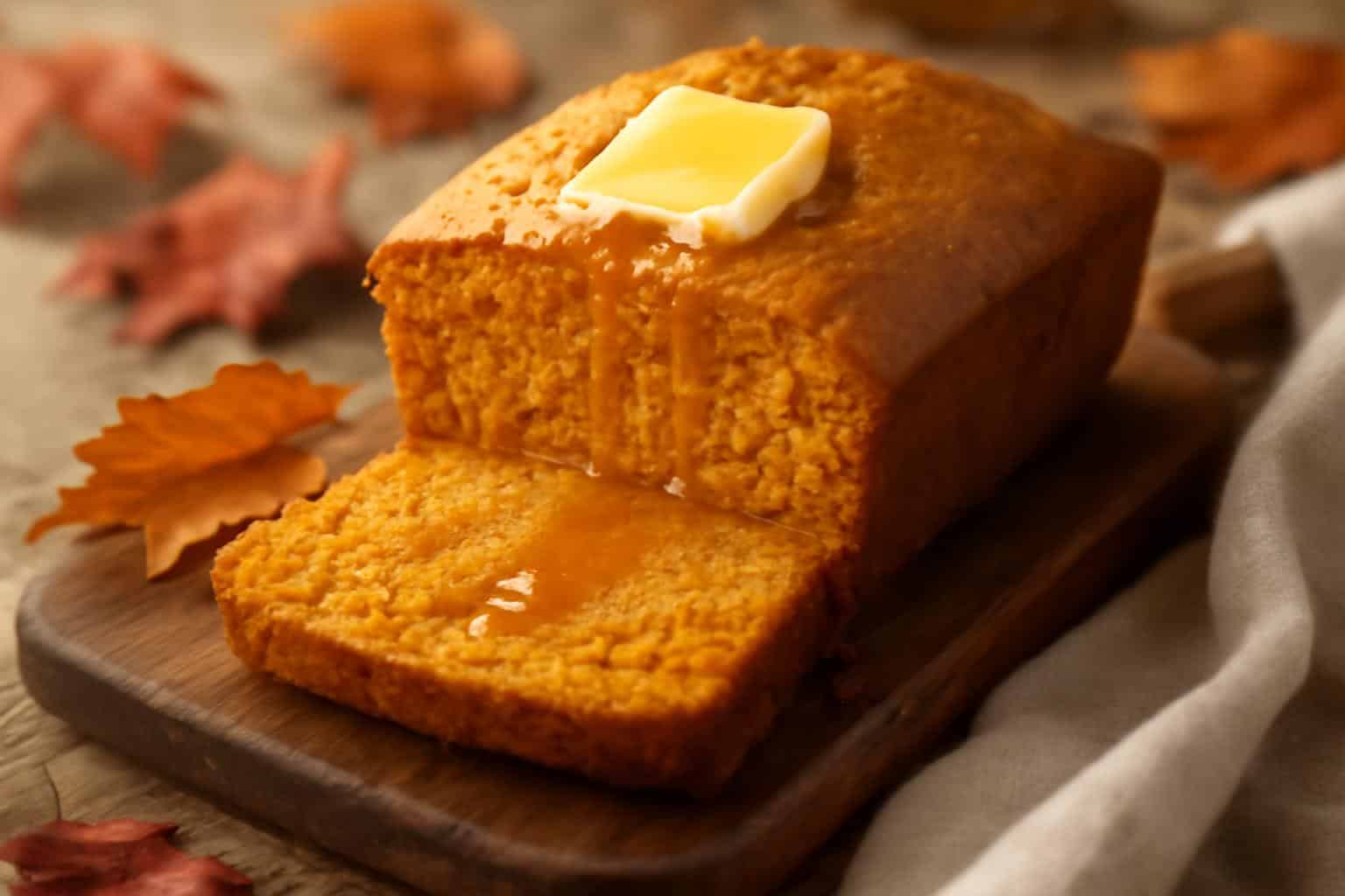 Sweet potato cornbread with honey and butter on a wooden board, sweet potato cornbread