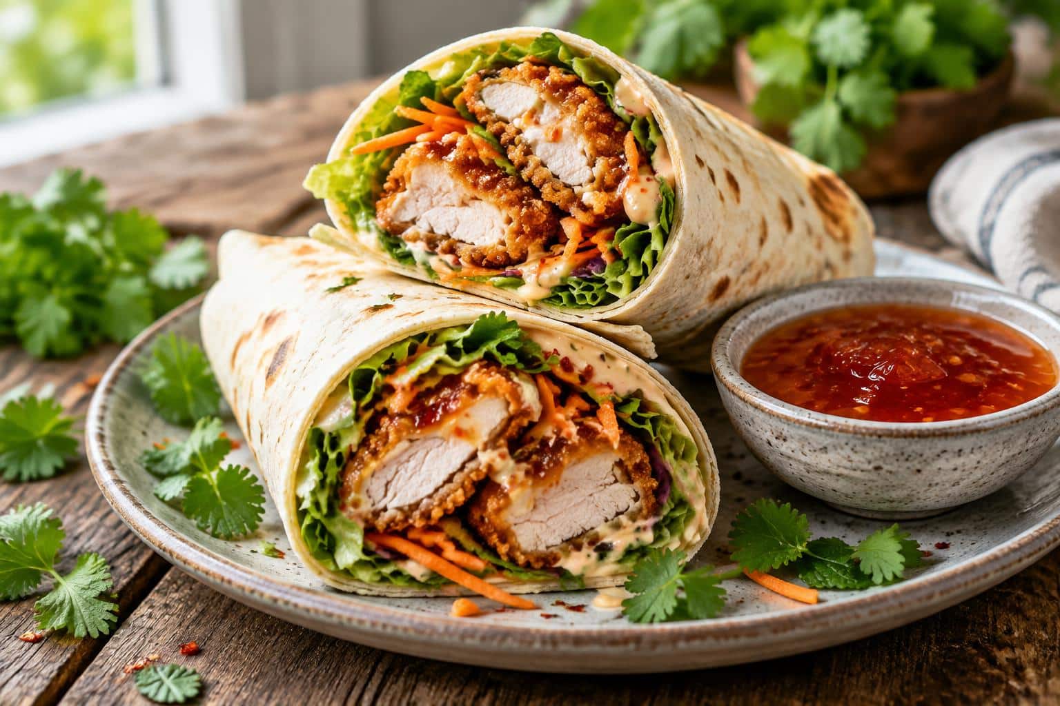 Sweet chili chicken wraps with crispy chicken and fresh veggies inside warm tortillas