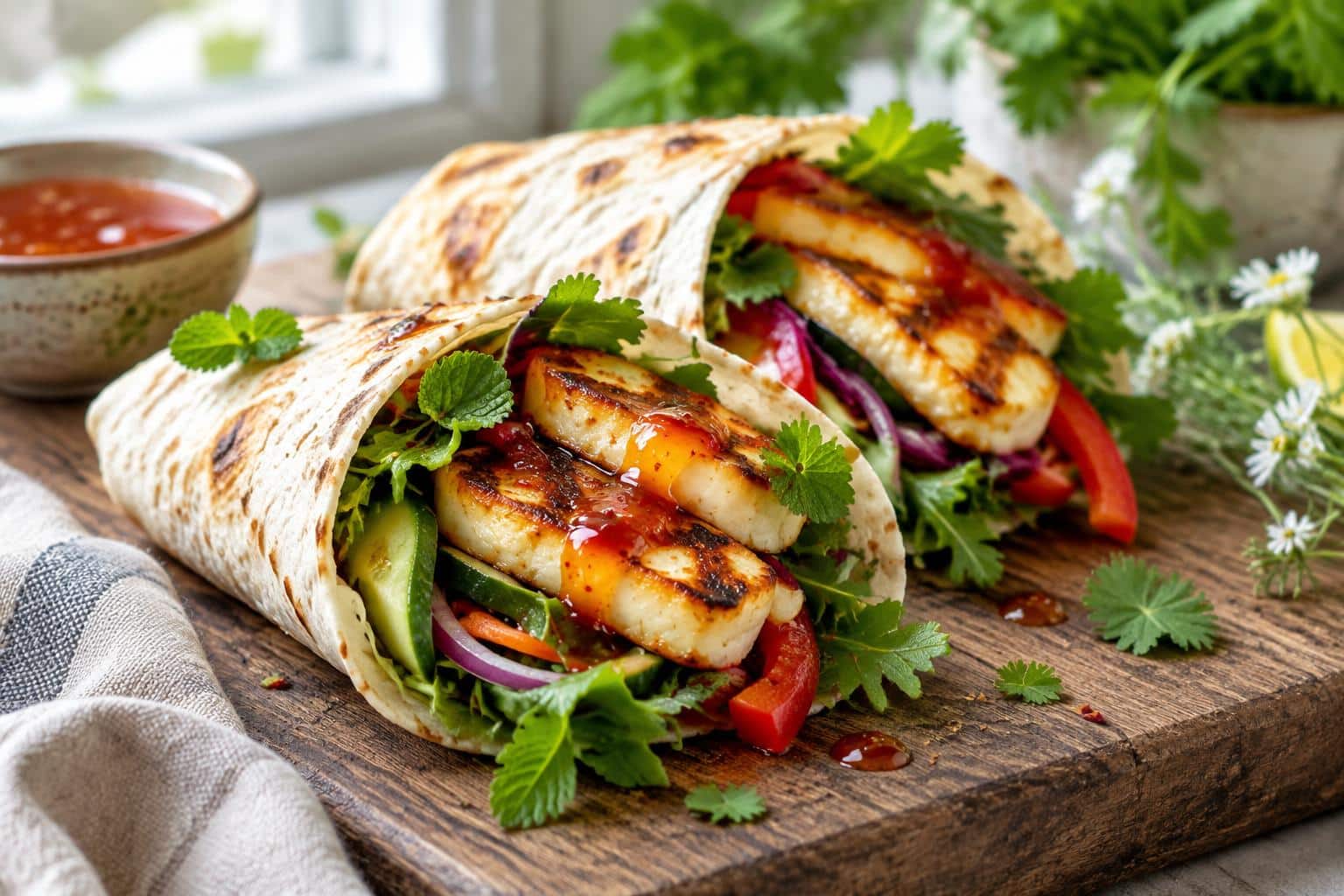 Sweet chili halloumi wraps with grilled cheese and fresh vegetables served on a wooden board