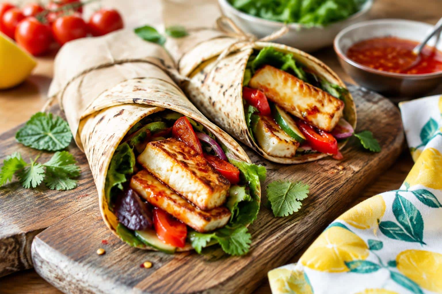 Sweet chili halloumi wraps with crispy cheese and fresh greens in a tortilla, vegetarian wraps