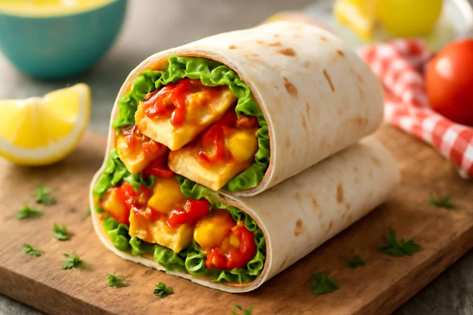 Sweet chili halloumi wraps with grilled halloumi and fresh vegetables in a soft tortilla