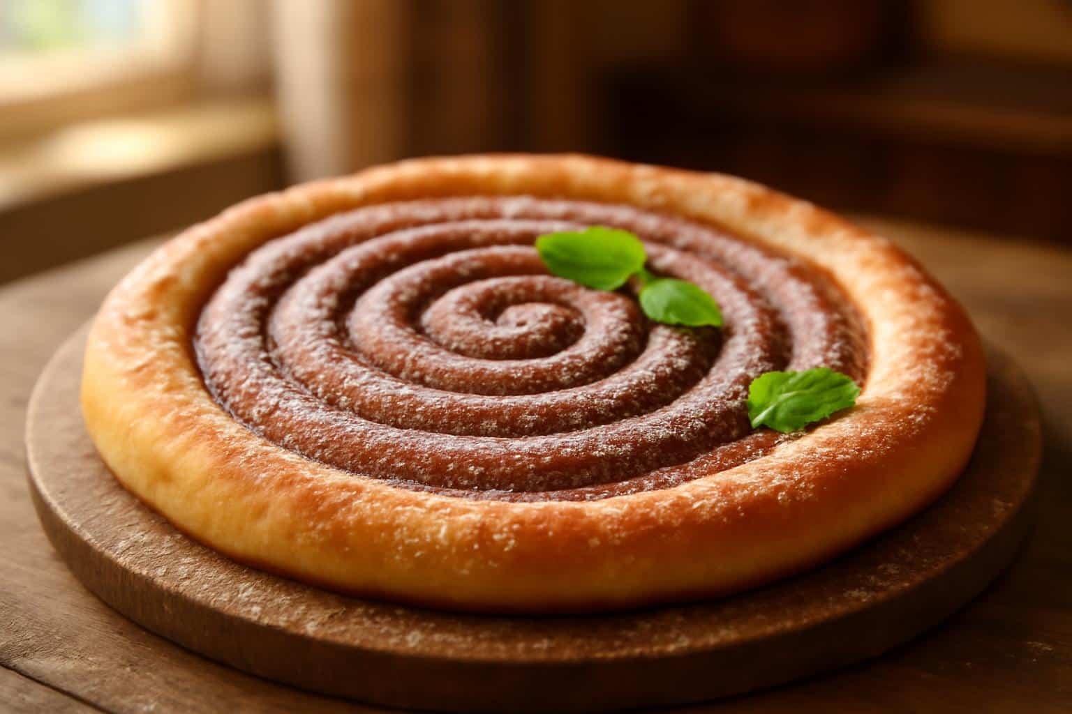 Sweet cinnamon swirl pizza with golden crust and cinnamon sugar swirls on wooden board