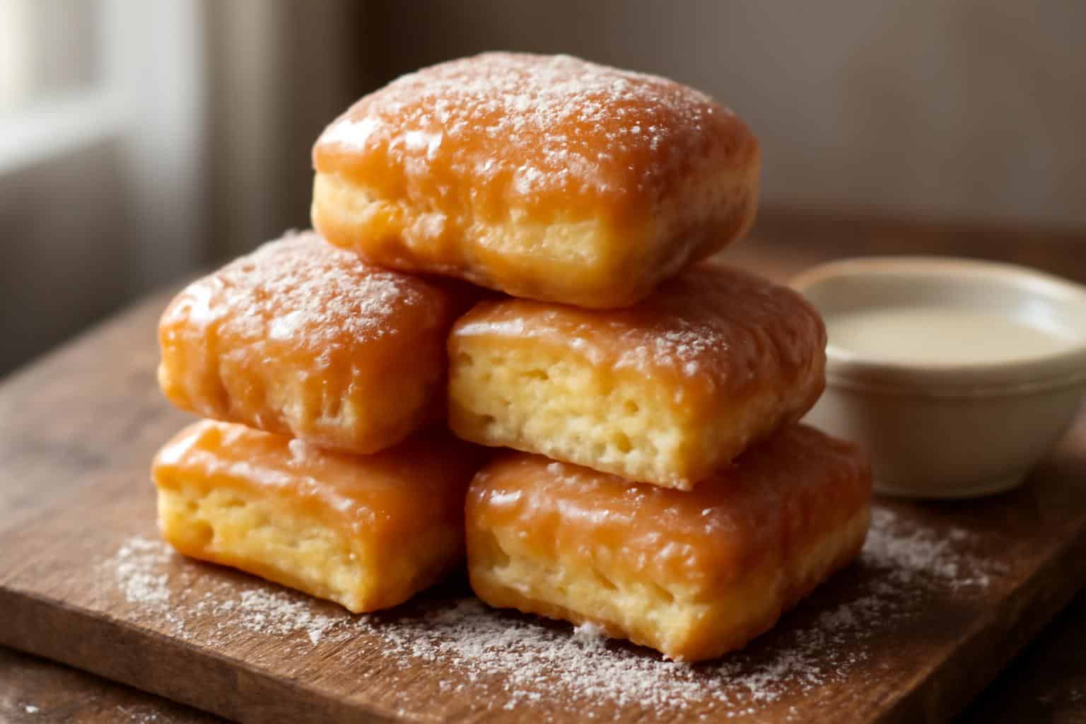 Sweet glazed buttermilk beignet squares stacked with powdered sugar dusting and shiny sugar glaze