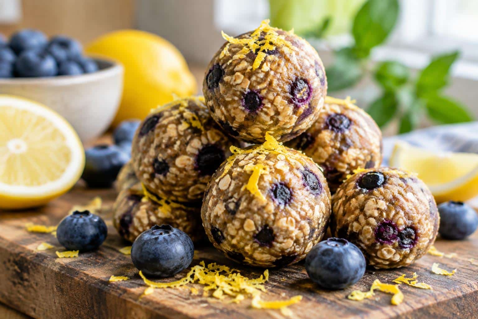 sweet lemon blueberry protein bites garnished with fresh blueberries and lemon zest