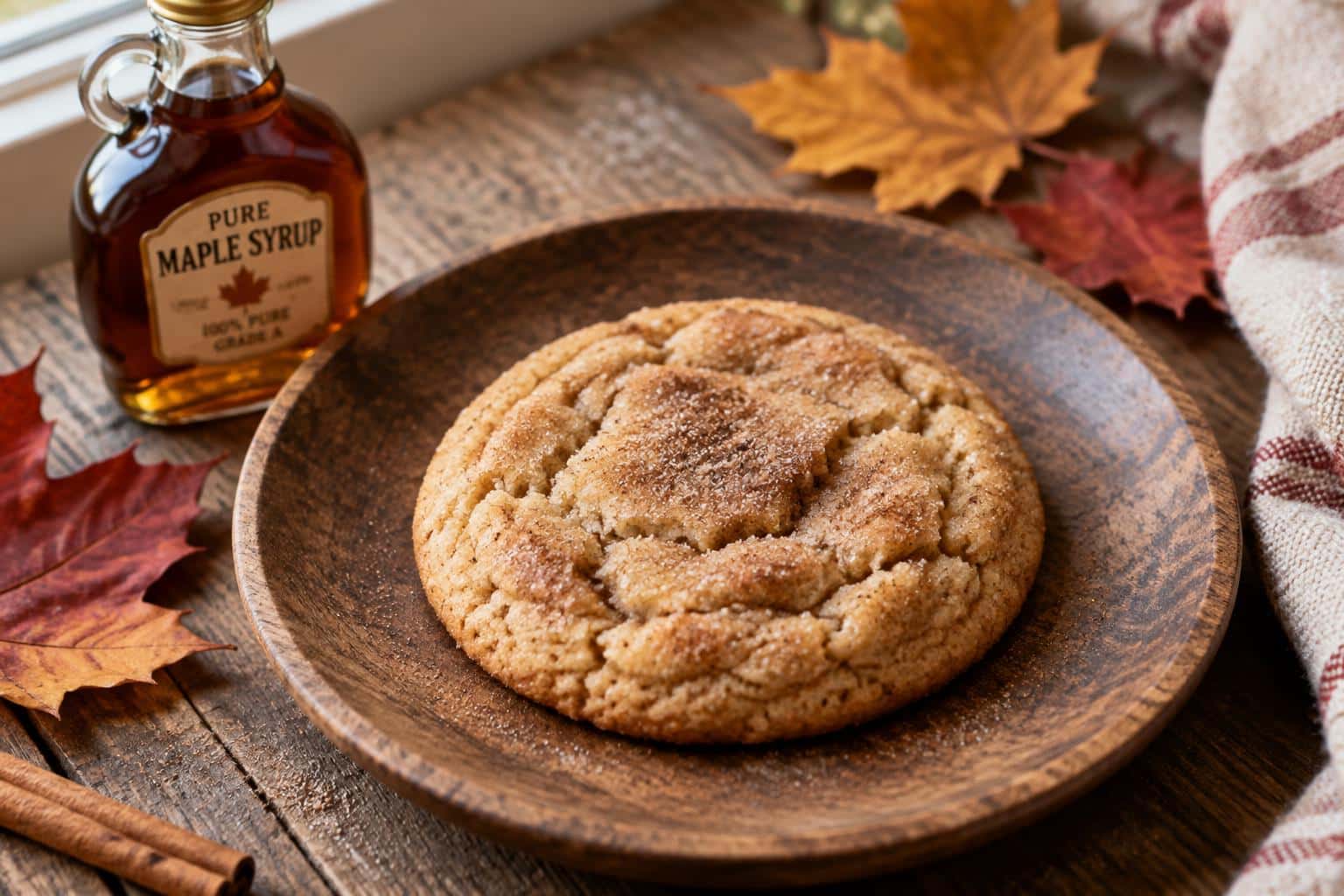Freshly baked maple snickerdoodles cookie with cinnamon sugar coating on rustic plate