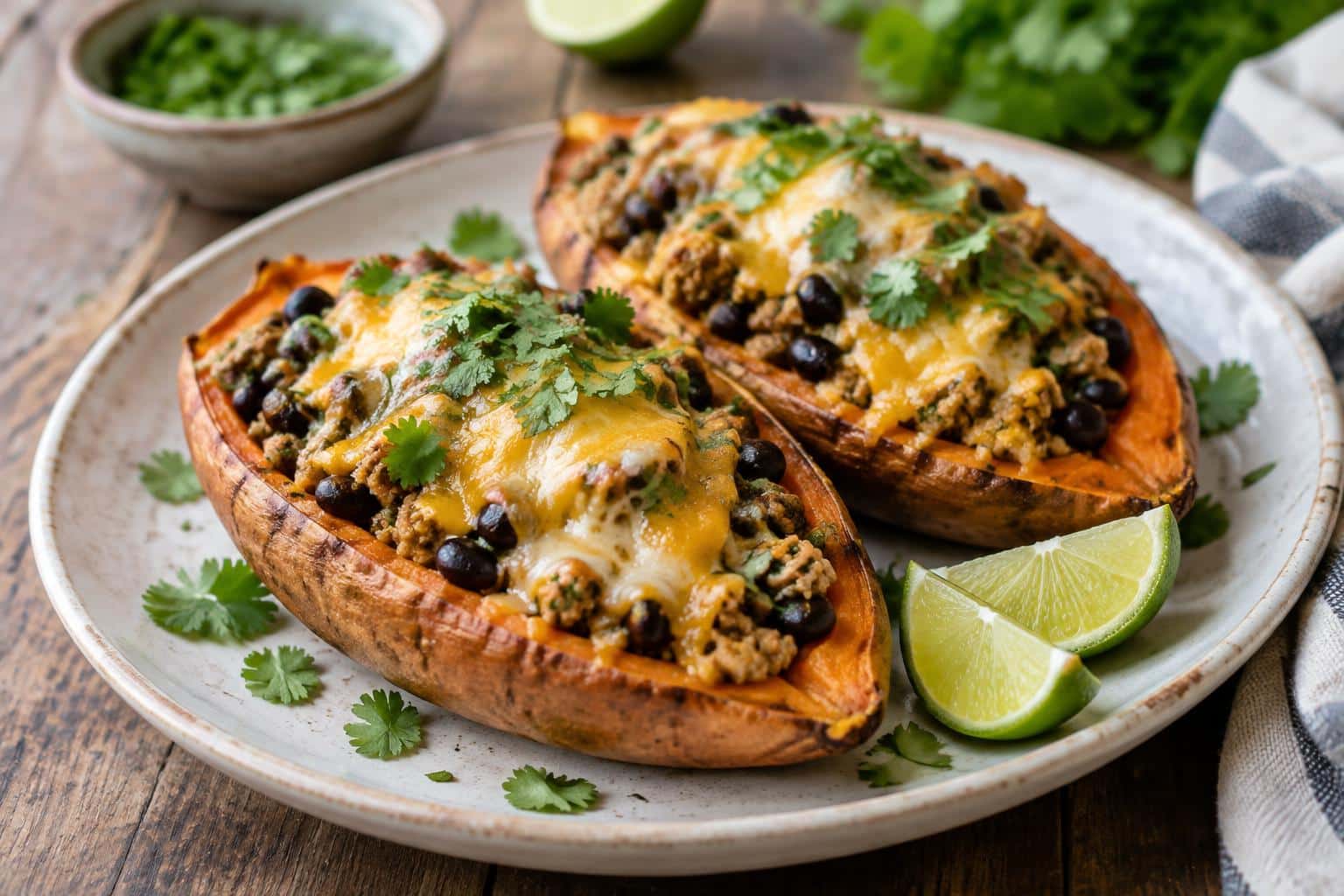 Baked sweet potato boats stuffed with ground turkey and black beans, garnished with fresh herbs