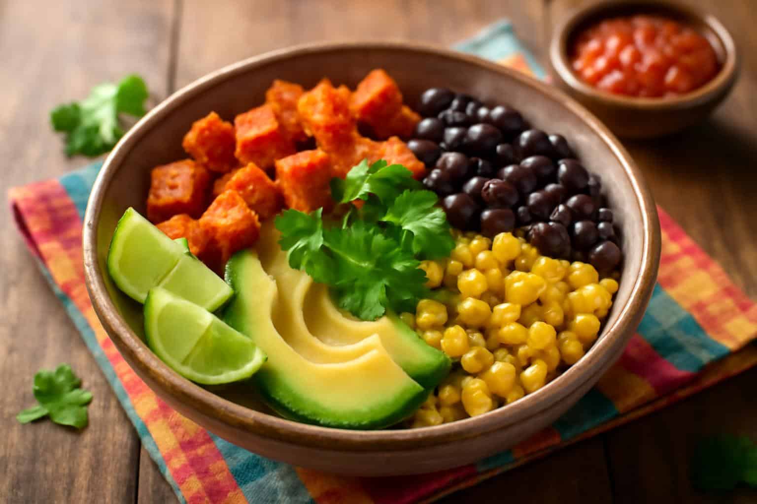 Sweet potato taco bowl with roasted sweet potatoes, black beans, avocado, and fresh cilantro