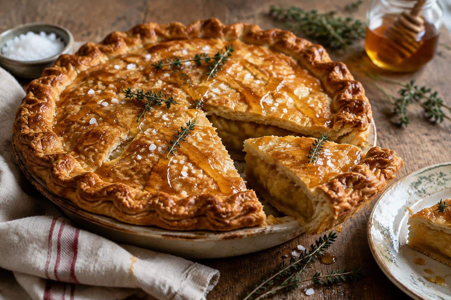 Golden baked salted honey pie with flaky crust and honey drizzle, showcasing salted honey pie dessert