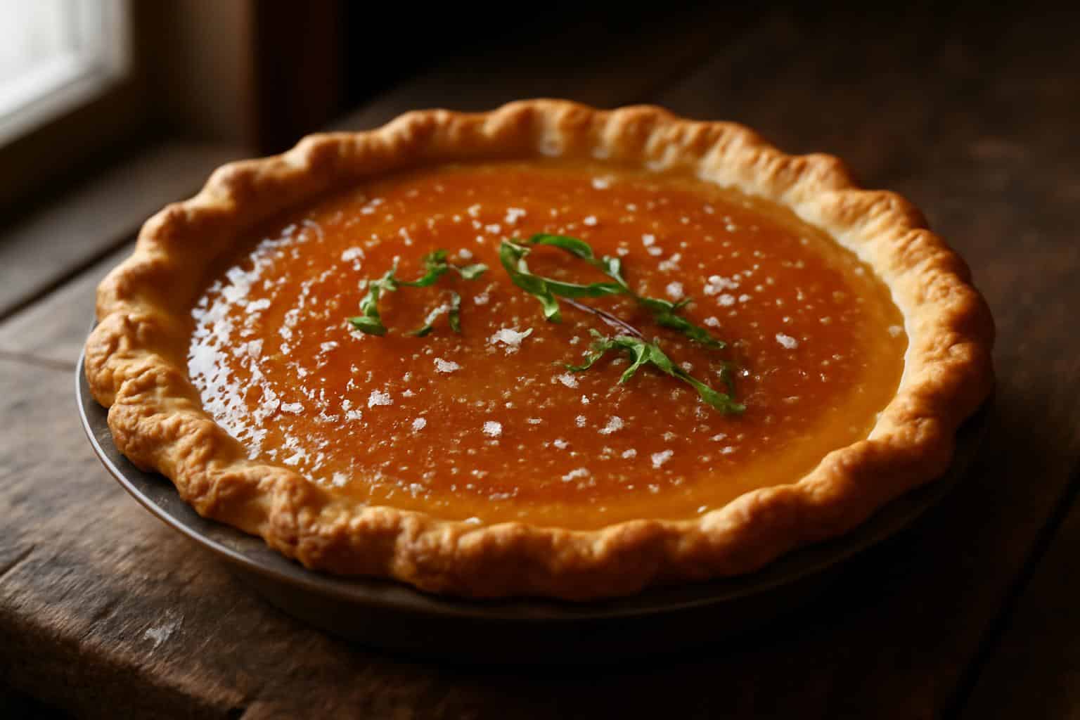 A freshly baked salted honey pie with golden crust and sea salt flakes, showcasing a sweet salty pie dessert