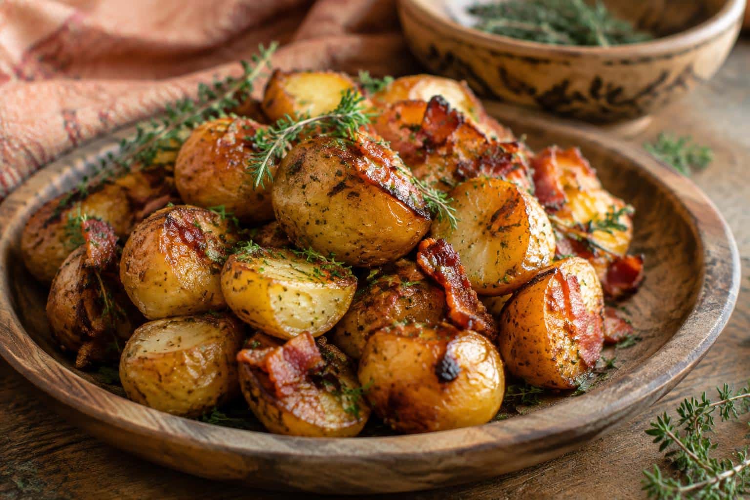 Golden crispy bacon-glazed potatoes garnished with fresh herbs, showcasing bacon-glazed potatoes