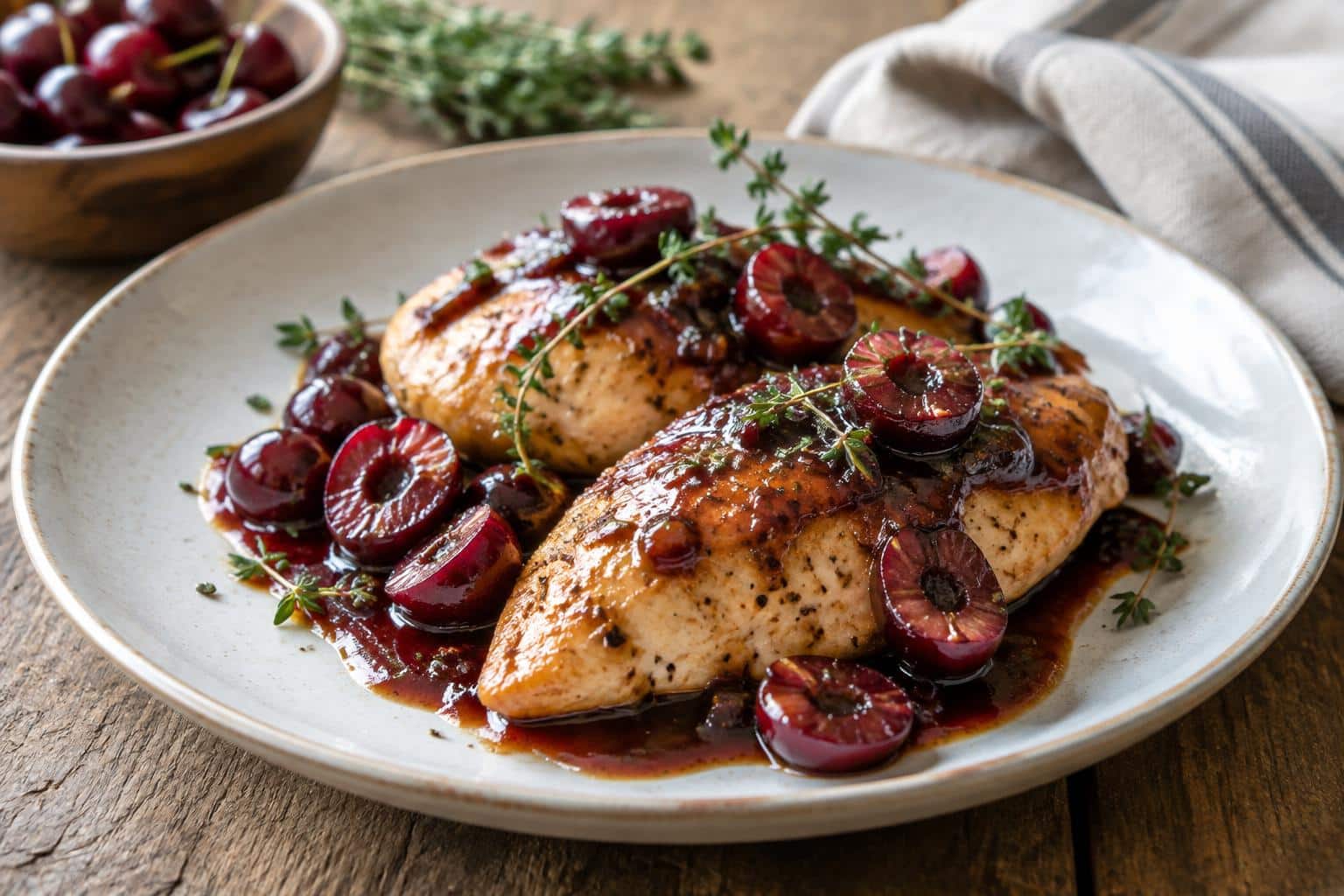 Close-up of cherry balsamic chicken with glossy sauce and fresh thyme garnish