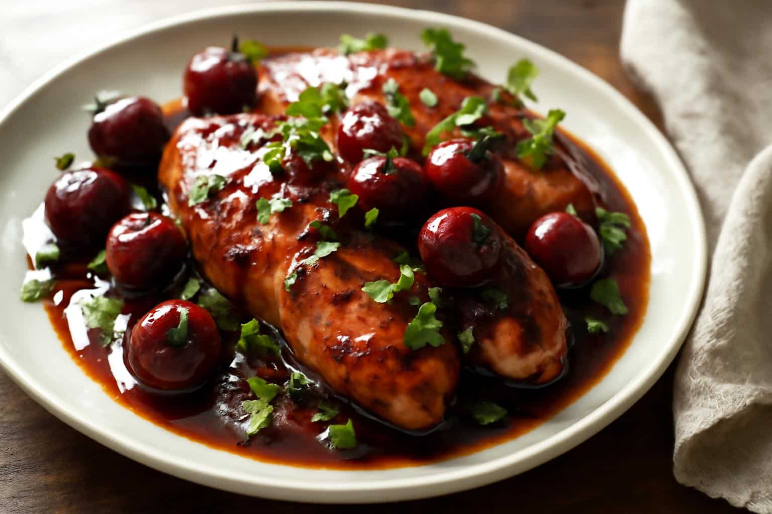 Cherry balsamic chicken glazed in sweet savory sauce with fresh parsley garnish