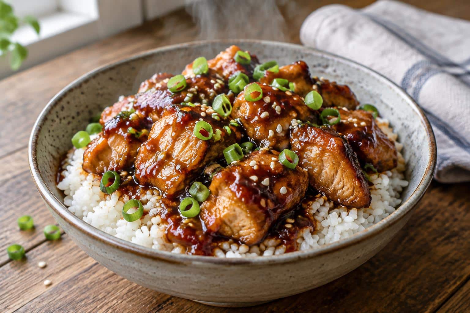 Honey BBQ chicken rice plated with green onions and sesame seeds, showcasing honey bbq chicken rice dish