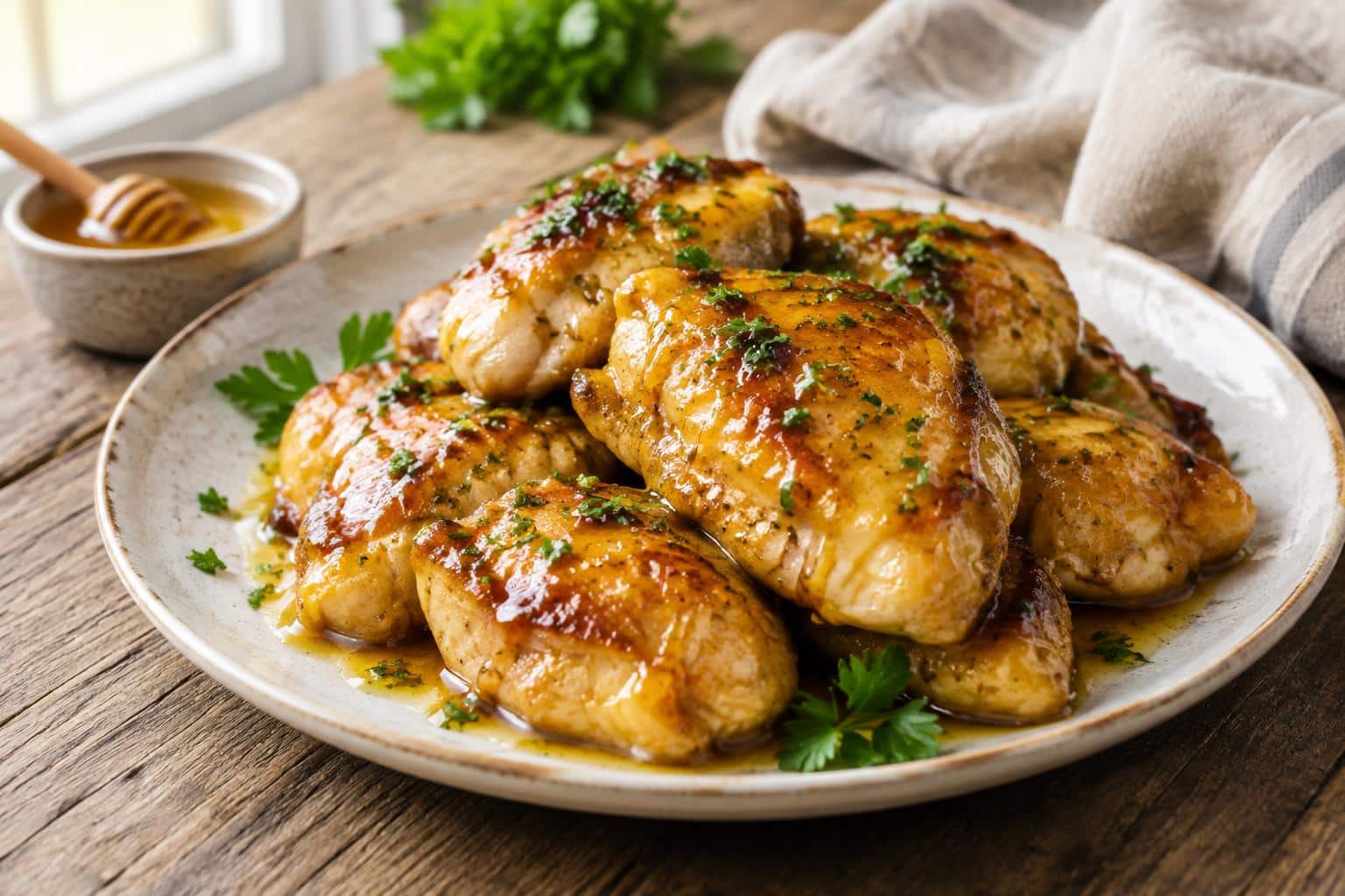 Honey butter chicken glazed with golden sauce garnished with parsley, showcasing honey butter chicken dish