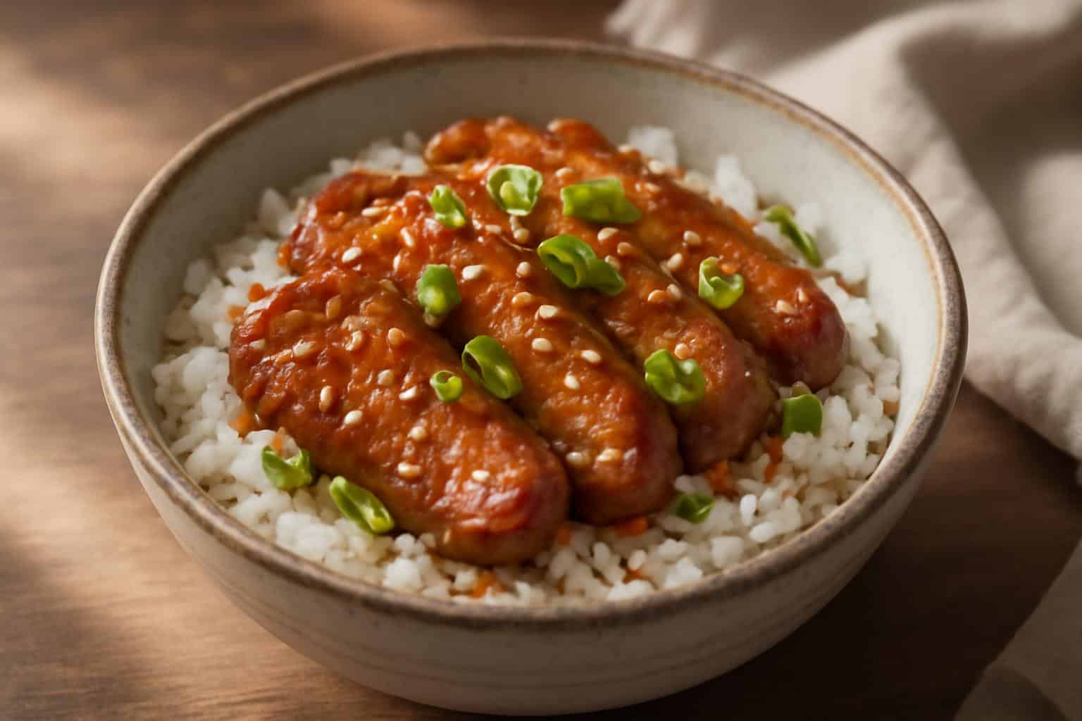 Honey garlic pork rice bowl garnished with green onions and sesame seeds, showcasing honey garlic pork
