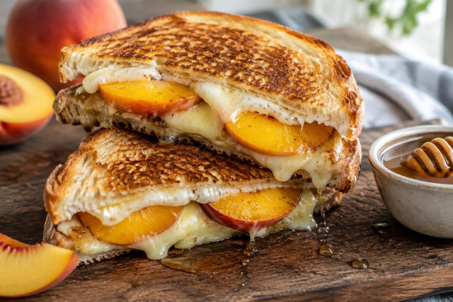 Honey peach grilled cheese sandwich with melted white cheddar and fresh peach slices