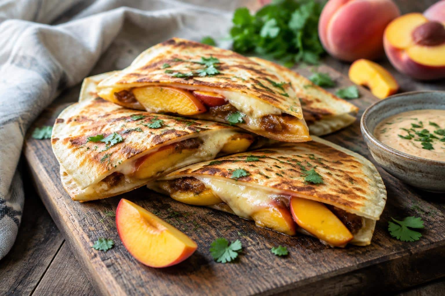 Sweet and savory peach quesadillas served on a wooden board with peach slices and cilantro garnish