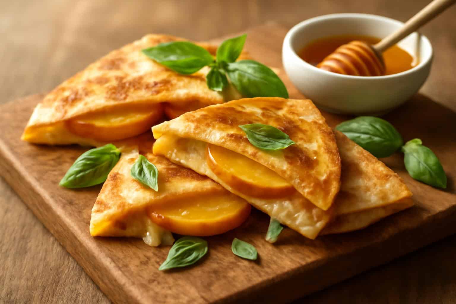Sweet and savory peach quesadillas with melted cheese and fresh basil garnish