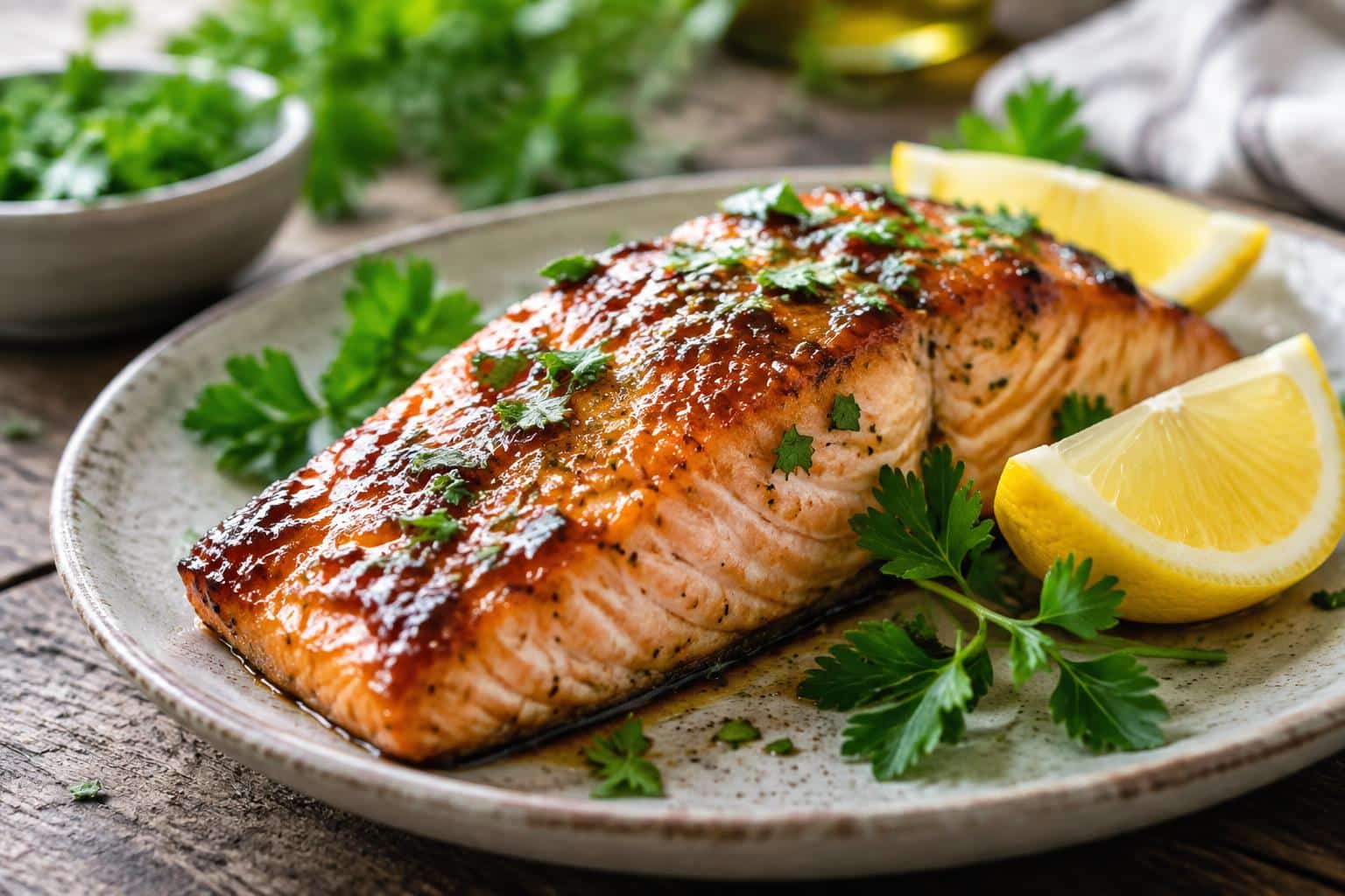 Grilled salmon fillet with sweet and savory salmon marinade garnished with lemon and parsley