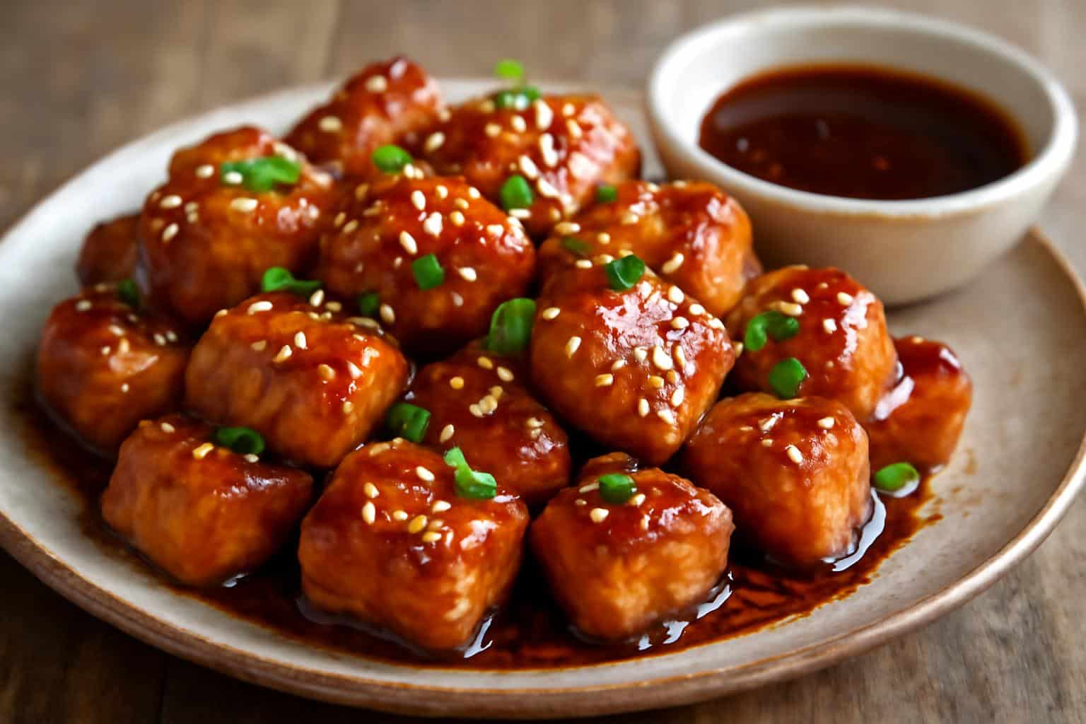 Sweet and smoky honey garlic chicken bites glazed and garnished with sesame seeds and green onions