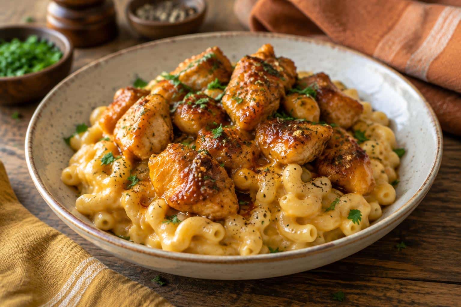 Creamy honey pepper chicken mac ‘n’ cheese garnished with parsley and pepper