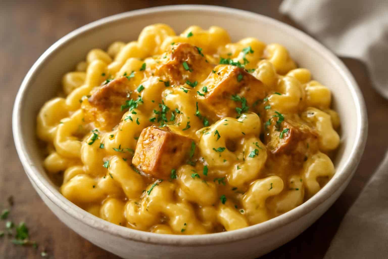 Sweet & Spicy honey pepper chicken mac ‘n’ cheese in rustic bowl with parsley garnish