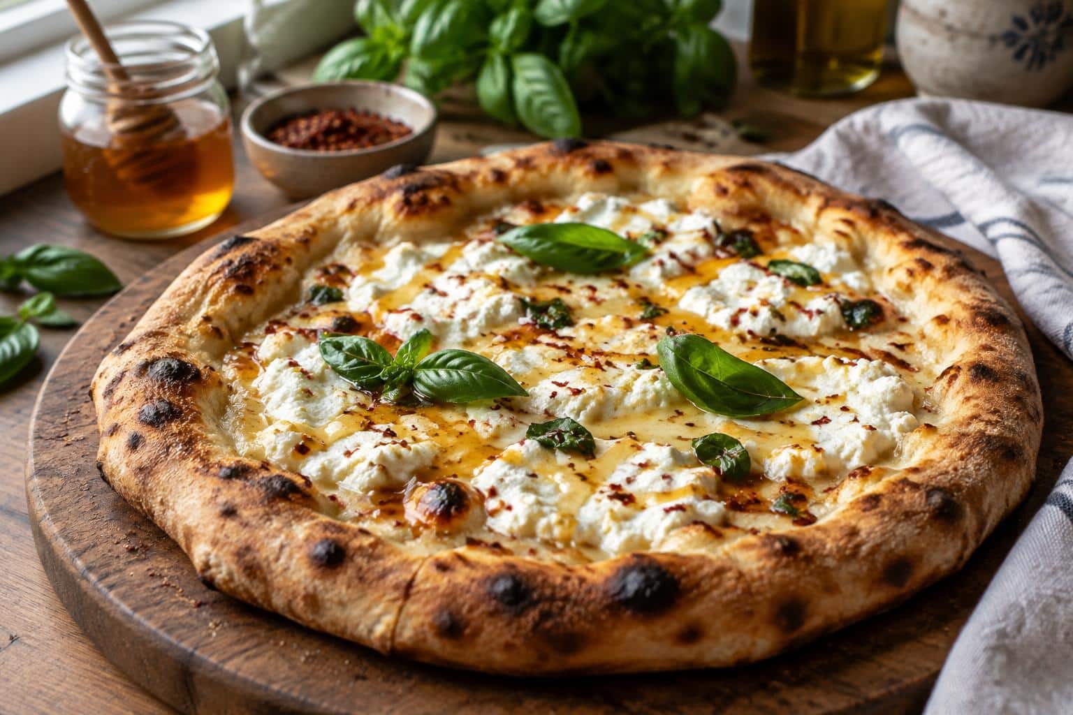 Hot honey ricotta pizza with creamy ricotta, honey drizzle, and chili flakes on a wooden board