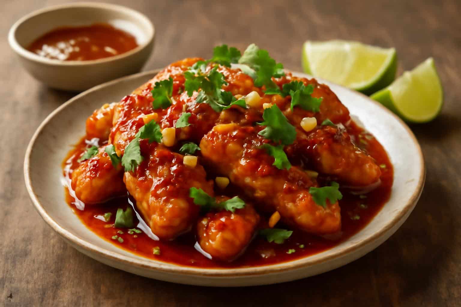 Sweet and spicy thai chicken glazed with sauce and garnished with cilantro and peanuts