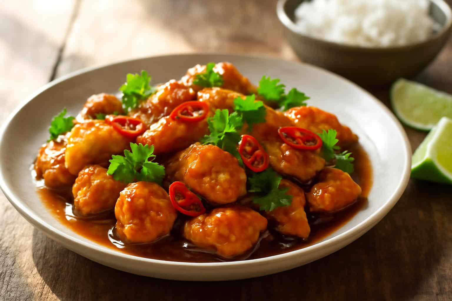 Sweet and spicy thai chicken garnished with cilantro and red chili peppers