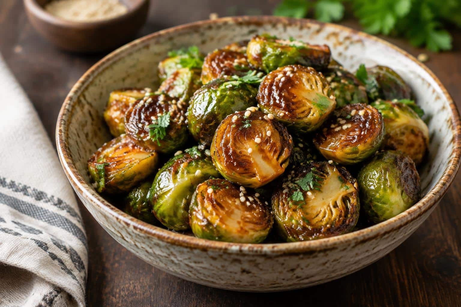 Sweet sticky glazed Brussels sprouts in a rustic bowl with sesame seeds and parsley garnish