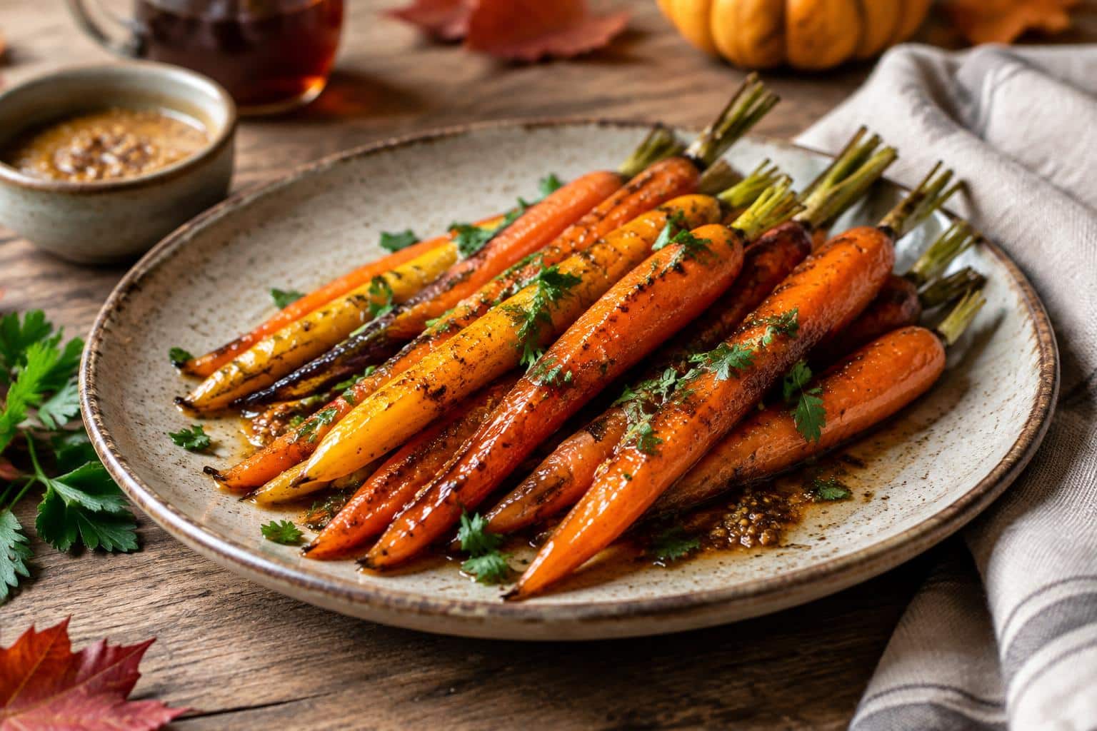 maple mustard glazed carrots roasted and garnished with parsley on a rustic plate