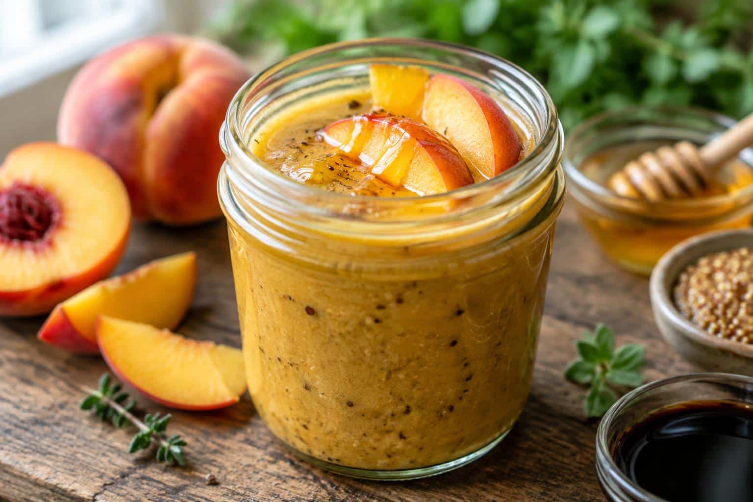 Sweet and tangy peach balsamic dressing in a clear jar with fresh peach slices and honey drizzle