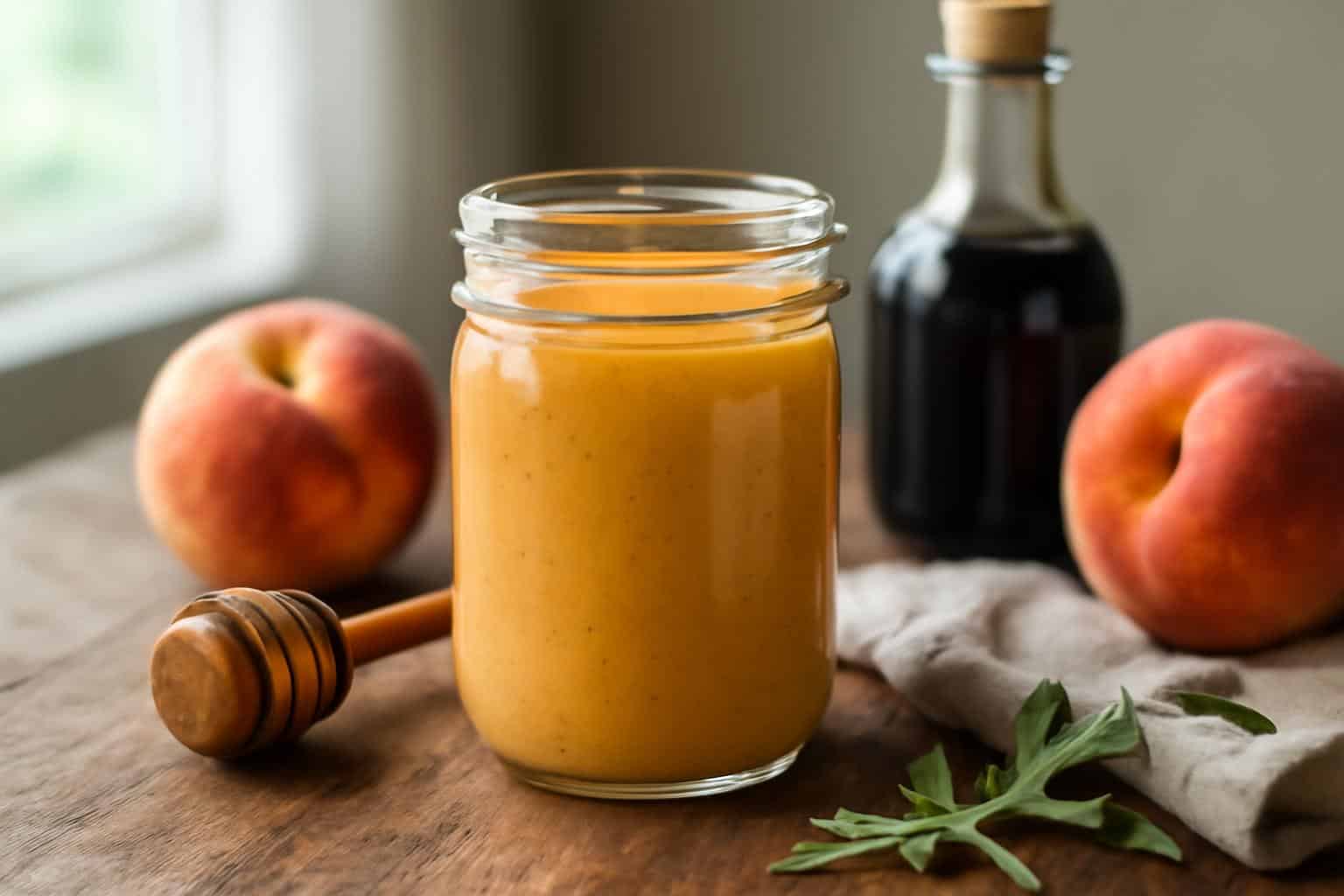 Jar of peach honey dijon dressing with fresh peaches and balsamic vinegar on rustic table