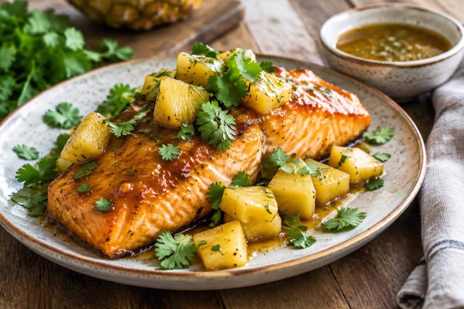 pineapple glazed salmon with cilantro garnish and pineapple chunks on a rustic plate