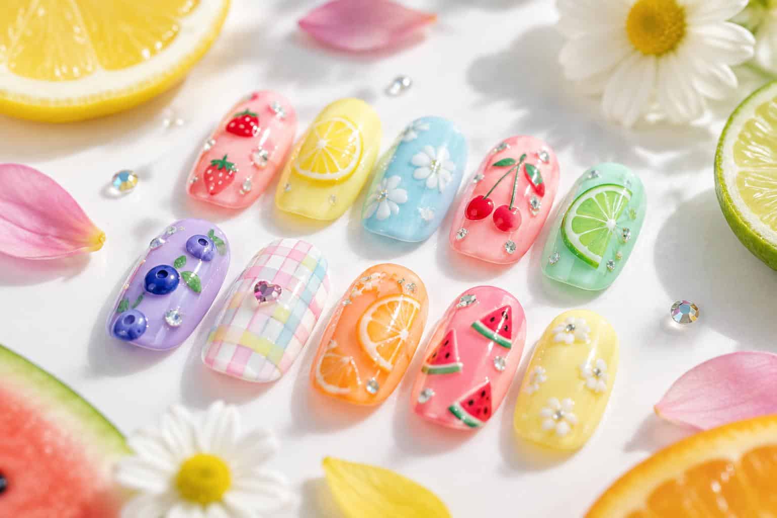 Bright colorful sweet tart nail designs with playful summer colors and fruity patterns