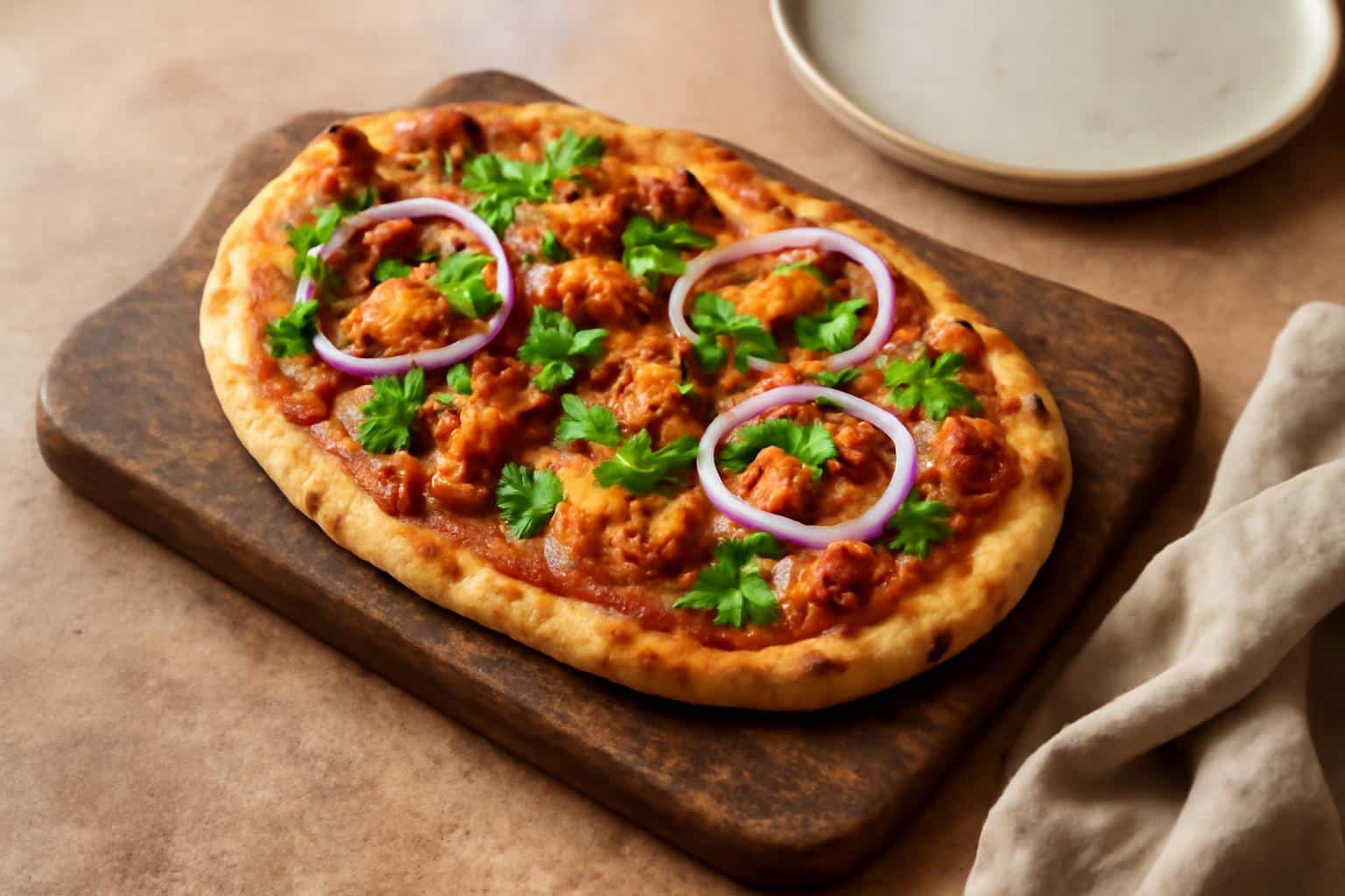 Tandoori chicken naan pizza with vibrant spices and fresh cilantro garnish