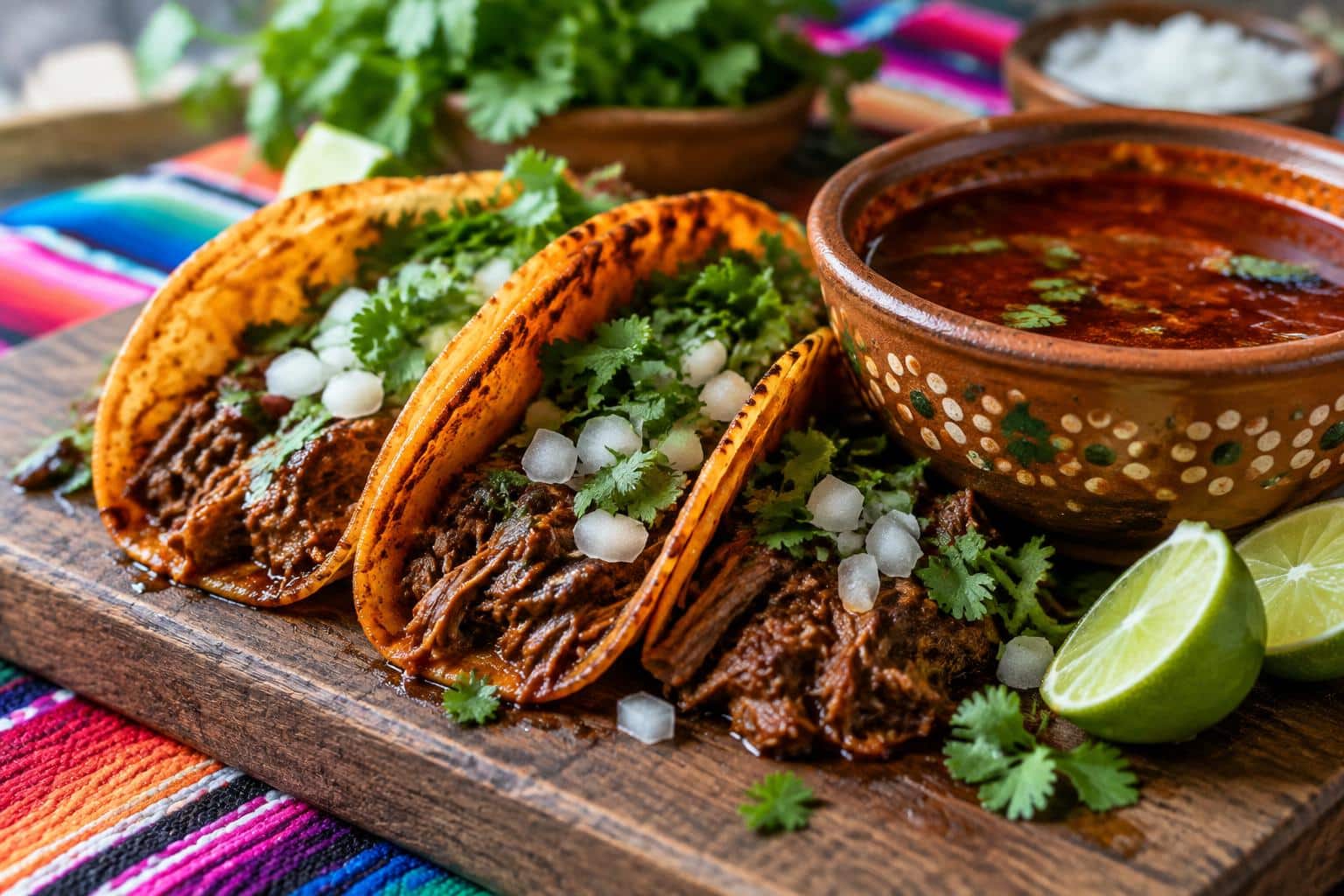 Close-up of delicious beef birria tacos garnished with cilantro and onions with birria consommé