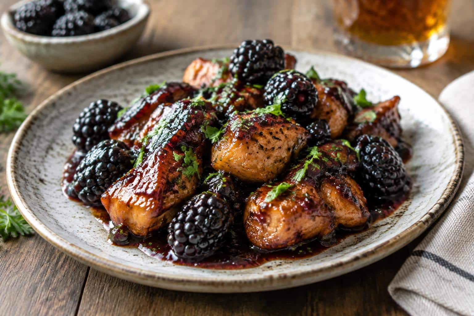 Blackberry bourbon chicken plated with sauce and fresh blackberries, showcasing blackberry bourbon chicken