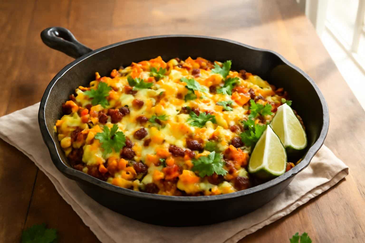 Close-up of a cabbage taco skillet with ground beef, cheese, and fresh cilantro garnish