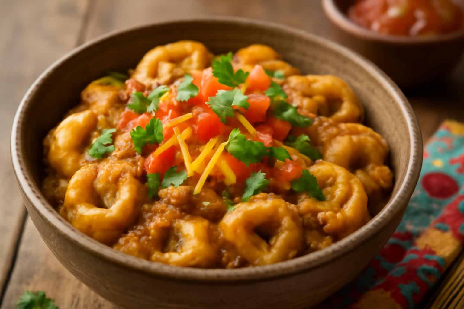 Cheesy taco tortellini bowl with fresh garnishes and melted cheese