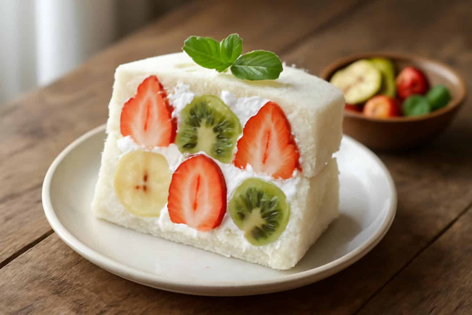 Tasty fruit sandwich with sliced strawberries, kiwi, banana, and whipped cream on white bread