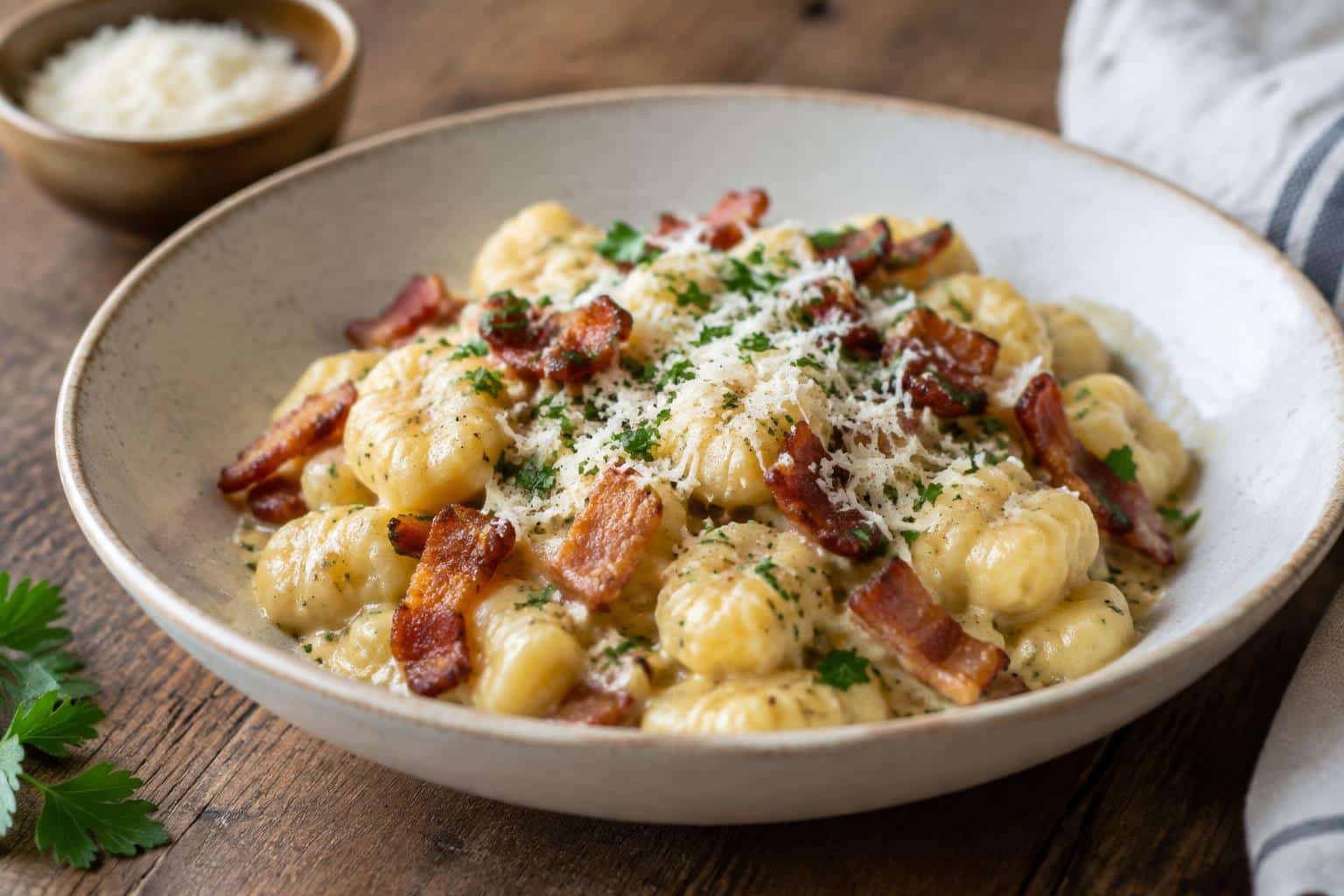 Plate of creamy gnocchi carbonara with bacon and Parmesan cheese